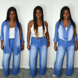 Chambray Drawstring Wide Leg Pants