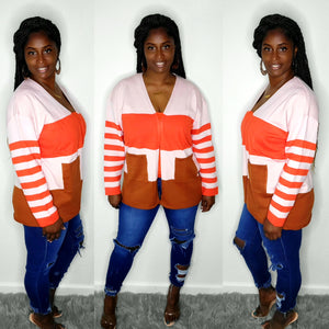 Fall Color block Cardigan Sweater-Copper