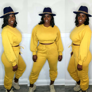 Kendall Cropped Pullover Jogger Set-Mustard