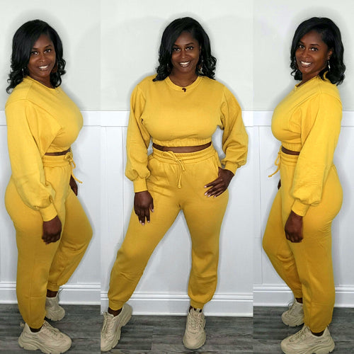 Kendall Cropped Pullover Jogger Set-Mustard
