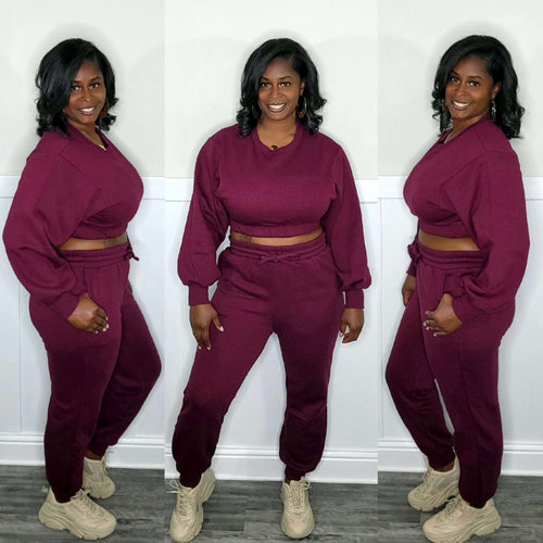 Kendall Cropped Pullover Jogger Set-Burgundry