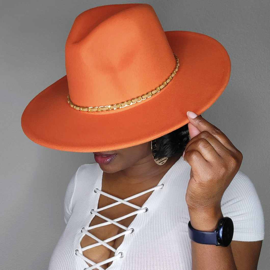 Big Brim Orange Fedora Hat with Camel Chainlink Belt