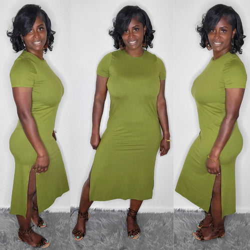 Split Tee Dress-Olive