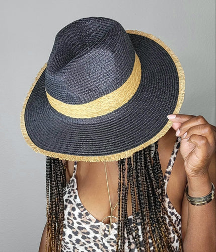 Unisex Black & Tan Straw Hat with Raw Edges