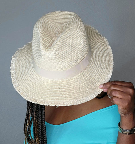 Unisex Beige Jazz Straw Hat with Raw Edges