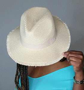 Unisex Beige Jazz Straw Hat with Raw Edges