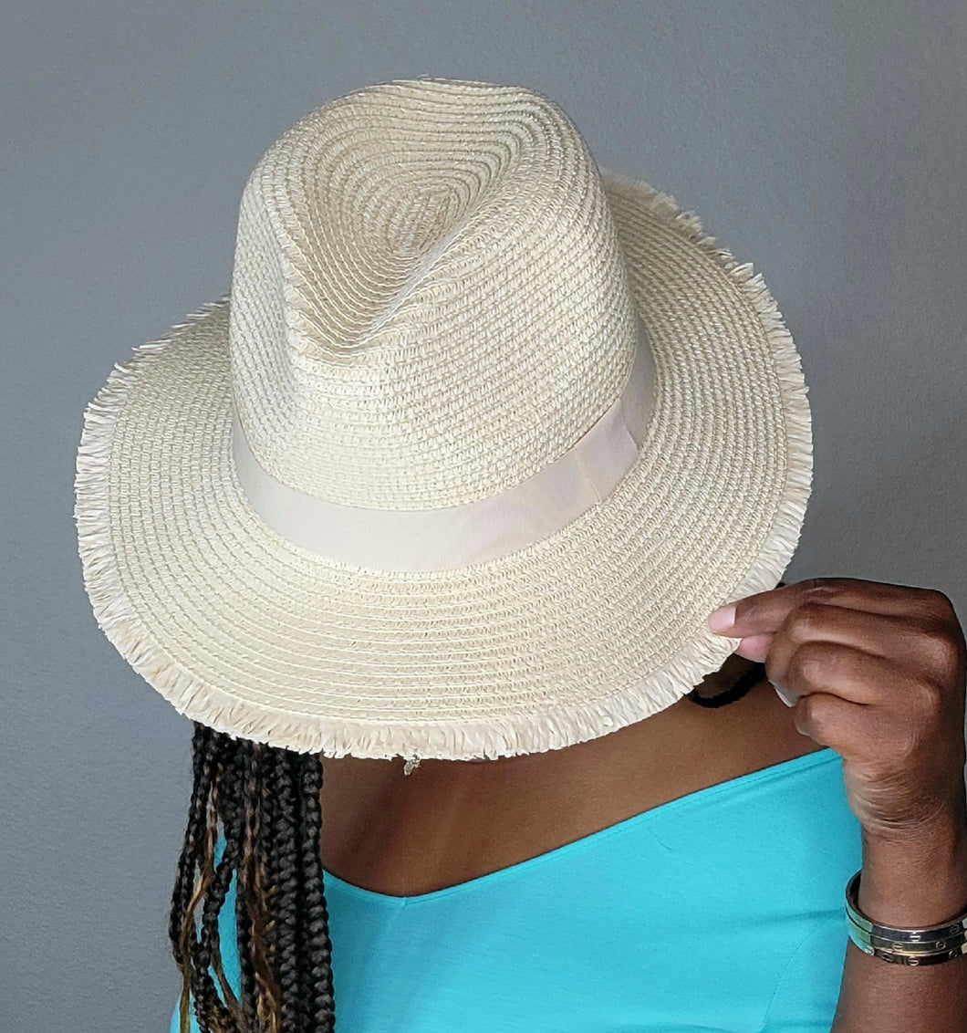 Unisex Beige Jazz Straw Hat with Raw Edges