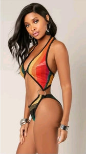Multi-Colored Open Front Halter Swimsuit