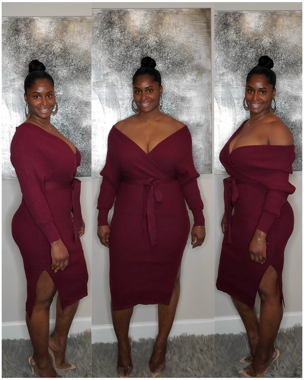 V-Neck Dress-Burgundy