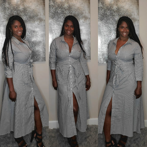 Button Down Striped Midi Dress