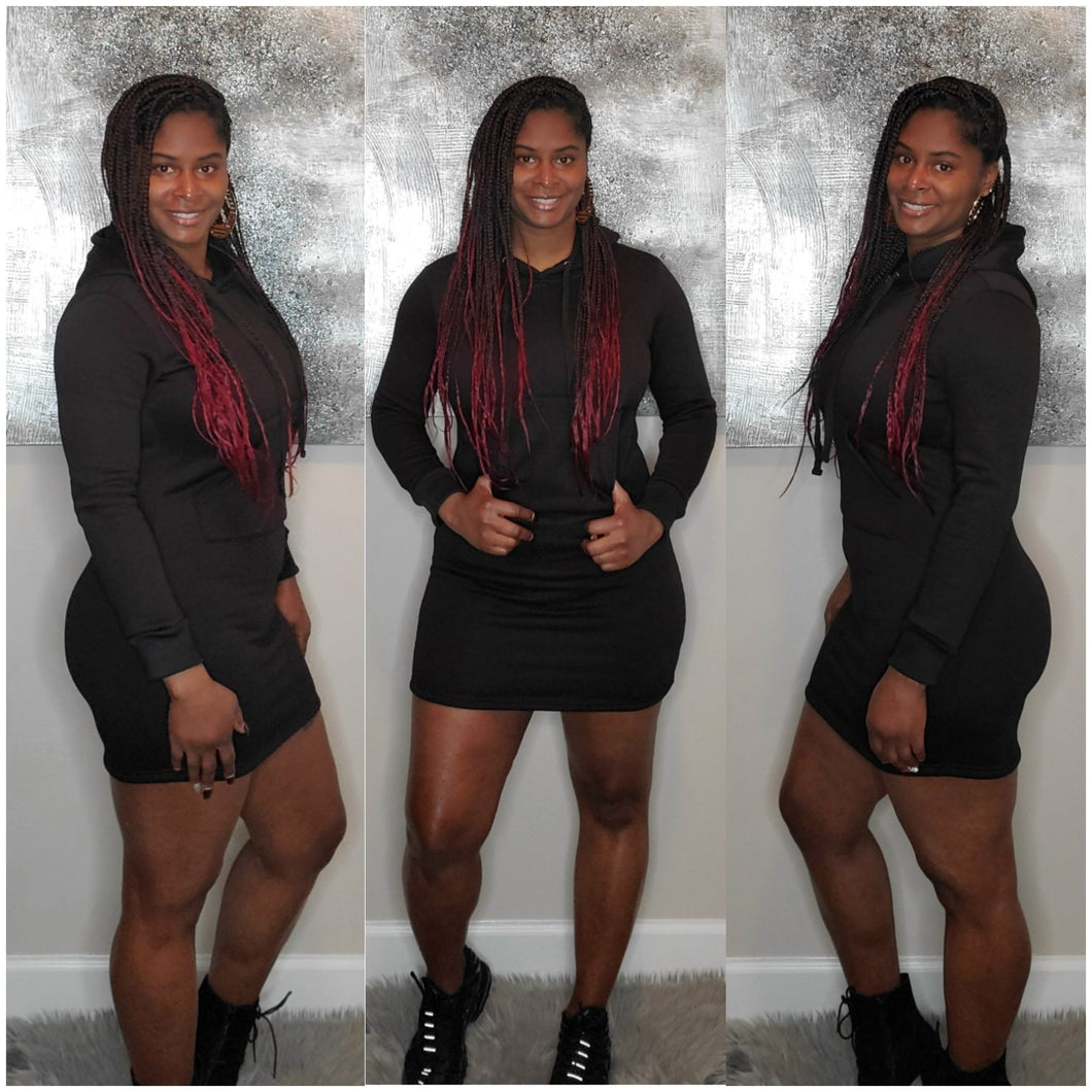 Hoodie Dress-Black - Dress